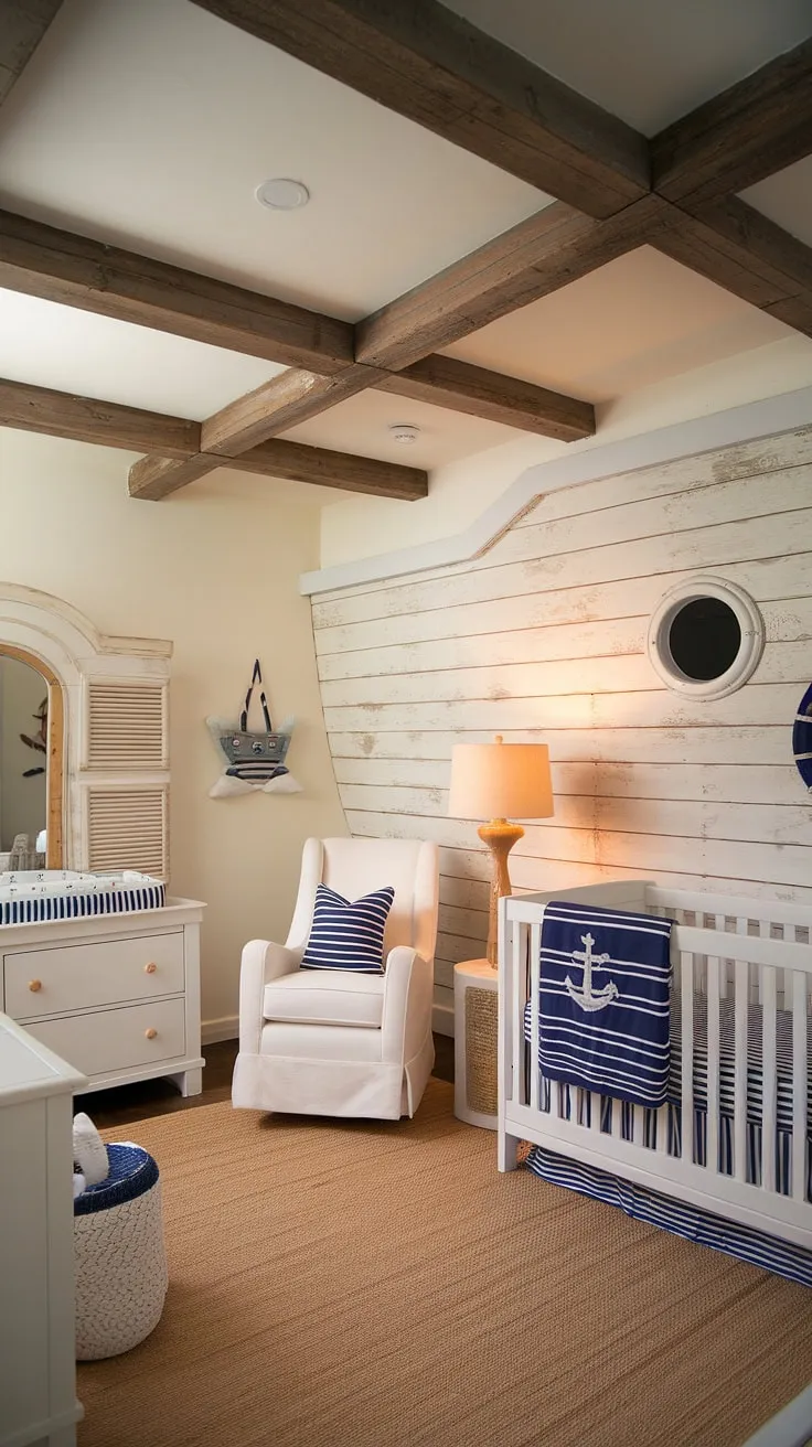 Ahoy, matey! This nautical nursery is a dream come true, complete with a ship-shaped wall, cozy rocking chair for late-night lullabies, and a crib fit for a little captain. The exposed wooden beams add a touch of rustic charm, creating a space that's both playful and peaceful.