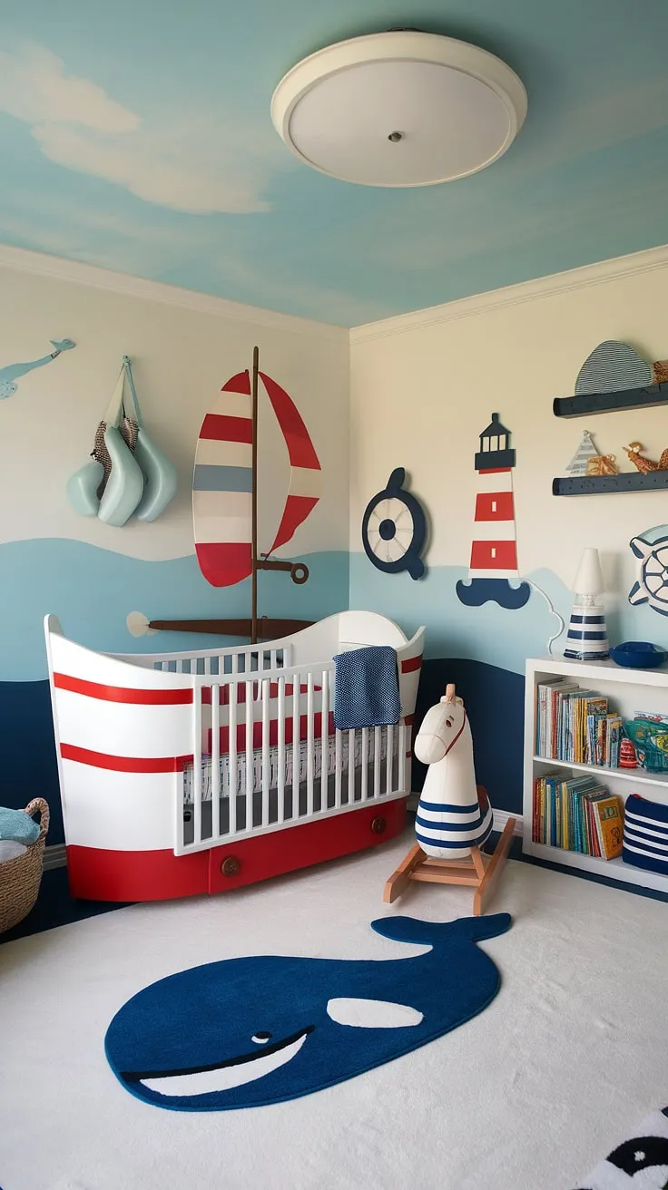 This isn't just a nursery; it's a voyage into a world of wonder. A perfectly crafted nautical haven, complete with a boat-shaped crib, a whimsical sailor rocking horse, and delightful ocean-inspired details, promising countless hours of imaginative play.