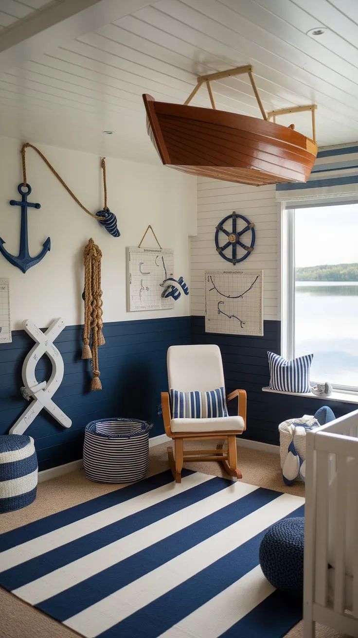 Set sail on a sea of dreams in this enchanting nautical nursery. The calming blue and white palette, charming wooden boat, and picturesque lake view create a tranquil haven for peaceful slumber. A perfect space for a little sailor to explore the wonders of the ocean, even before they can walk.