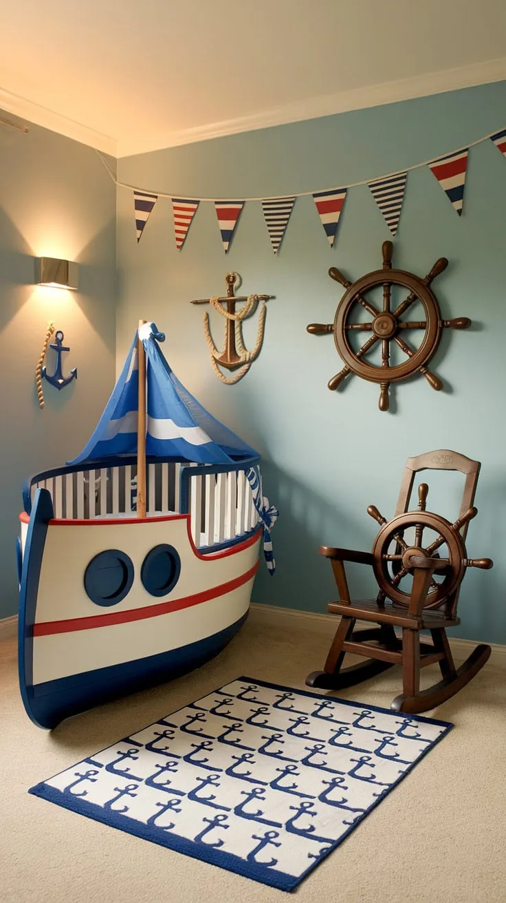 Ahoy, matey! This nautical nursery is ready for smooth sailing, complete with a ship-shaped crib and a wheel-shaped rocker, promising sweet dreams and adventurous journeys. The soft blue walls, naval flags, and anchor rug create a charming and calming space for a little one's voyages of discovery.