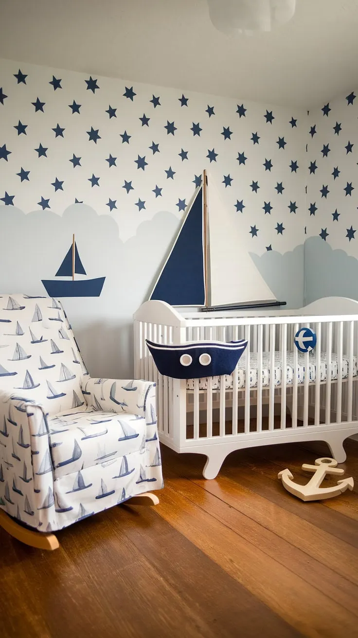 Set sail for sweet dreams in this nautical nursery, where a charming boat-shaped cushion rests in a white crib, and a rocking chair with nautical stripes offers a peaceful spot for bedtime stories. The navy blue stars and white clouds on the walls create a dreamy atmosphere, complemented by a miniature sailboat and wooden anchor, all nestled on a warm wooden floor. A perfect haven for little sailors.