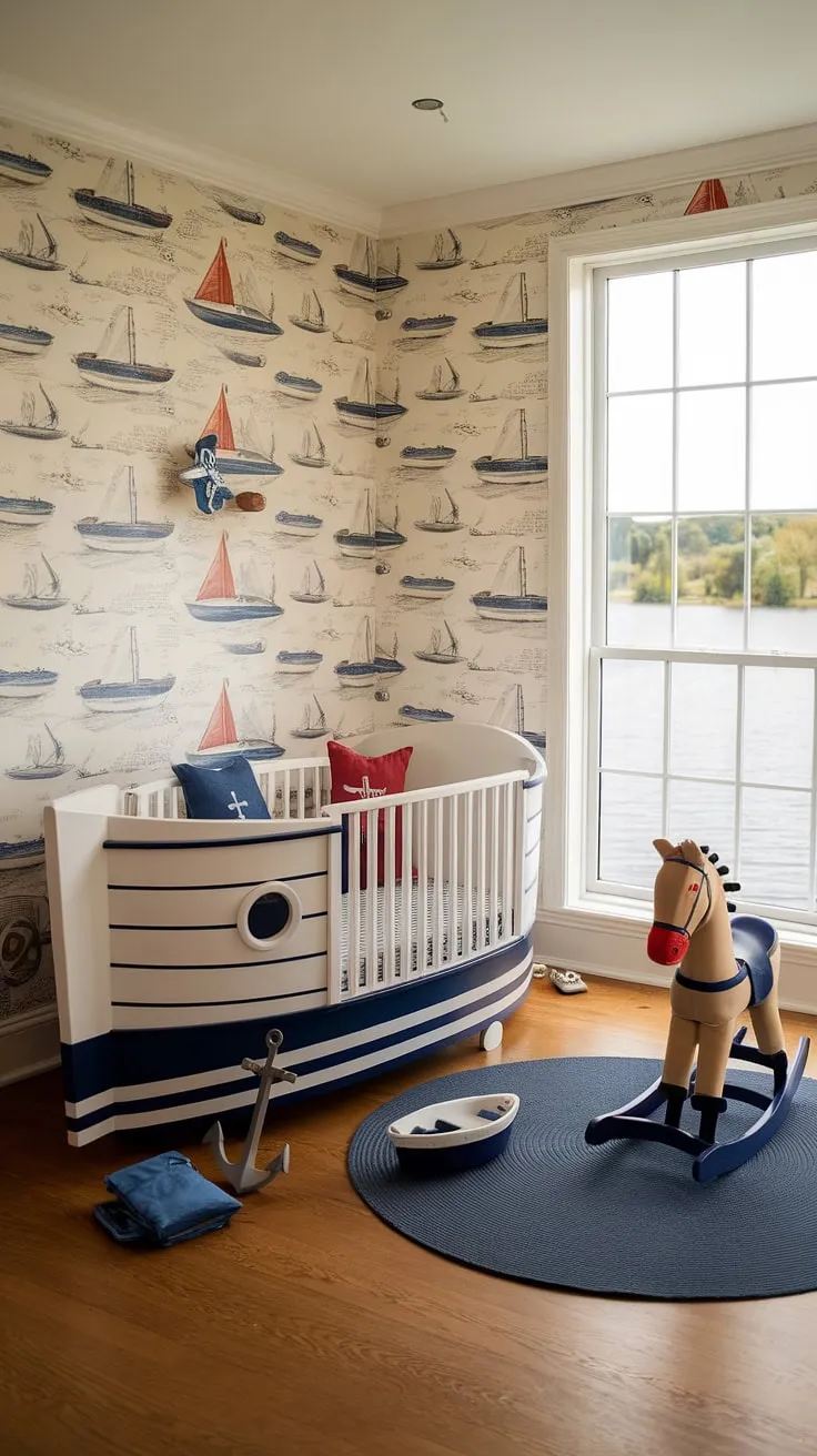 Set sail for sweet dreams in this nautical nursery. The handcrafted boat crib, sailor rocking horse, and lake view create a dreamy escape for the little one. A perfect blend of adventure and comfort.