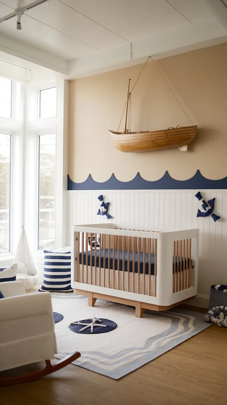 Sunshine streams into this serene nautical nursery, a perfect haven for peaceful slumber. The wooden boat hanging above the crib, along with subtle blue accents, creates a charming and calming atmosphere. A space designed for sweet dreams and adventurous explorations.