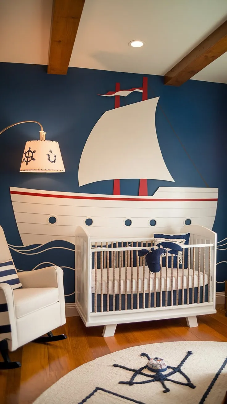 Ahoy, matey! This nautical nursery is ready for its little captain to set sail on sweet dreams. The charming ship mural, cozy rocking chair, and perfectly placed nautical lamp create a tranquil haven for slumber.