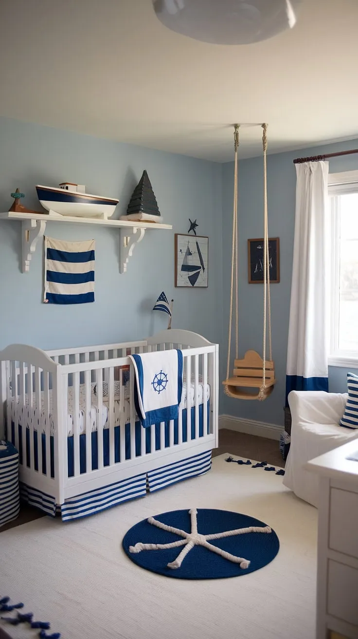 Ahoy, matey! This nautical nursery is ready for smooth sailing. The calming blue walls and white furniture create a peaceful haven, perfect for sweet dreams and seaside adventures. A charming wooden swing adds a playful touch, while the carefully chosen nautical decor completes this charming lakeside retreat.