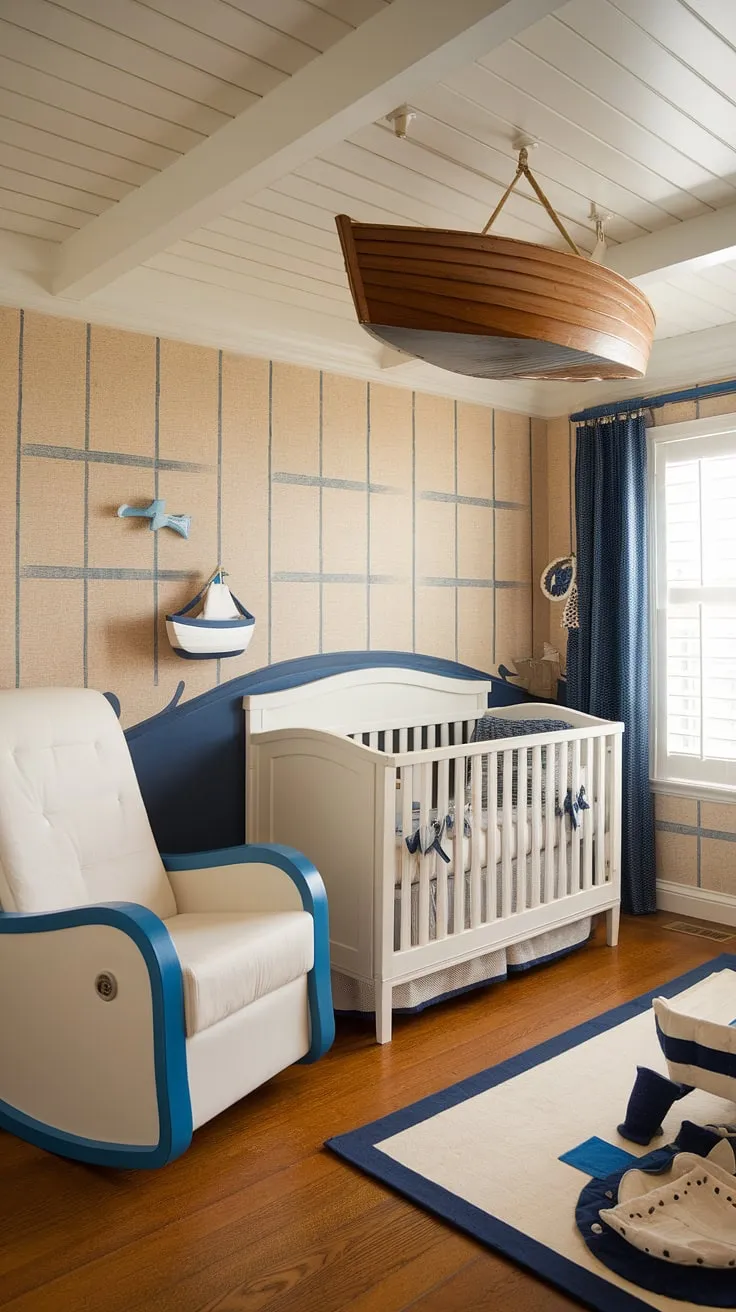 Set sail on sweet dreams in this nautical nursery, where calming beige and blue hues create a peaceful haven for your little one. The handcrafted wooden boat hanging above the crib adds a touch of whimsical charm, promising adventures yet to come.
