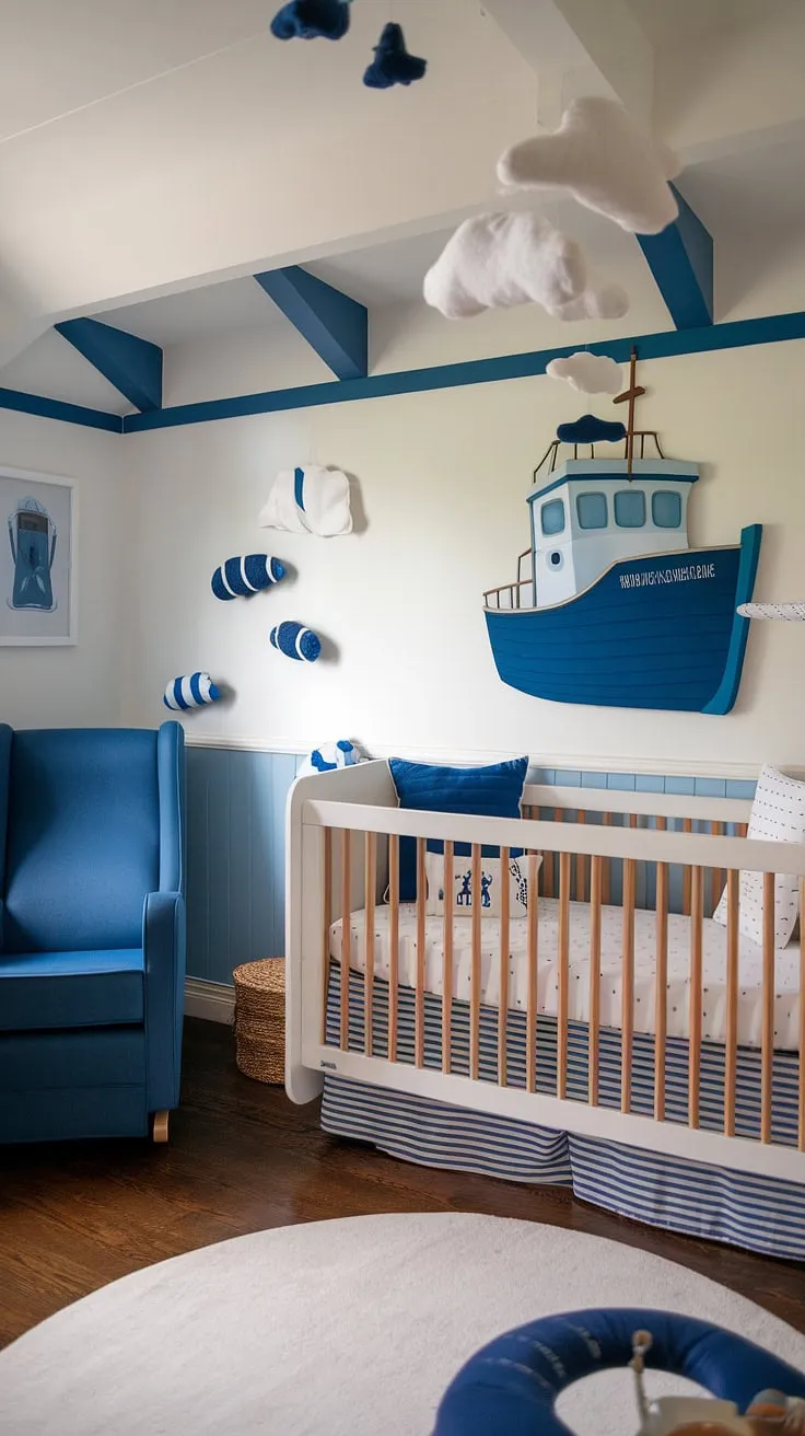Set sail on a journey of dreams in this exquisitely designed nautical nursery. The handcrafted details, from the blue rocking chair to the charming boat artwork, create a whimsical and peaceful haven for your little one. A perfect blend of style and comfort.