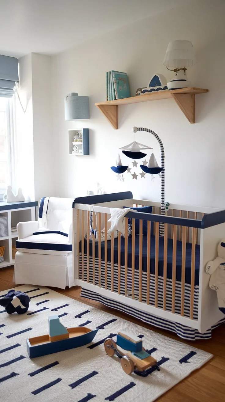 Set sail on a journey to dreamland in this exquisitely designed nautical nursery. Every detail, from the star-studded mobile to the cozy crib, whispers tales of adventure and peaceful slumber.