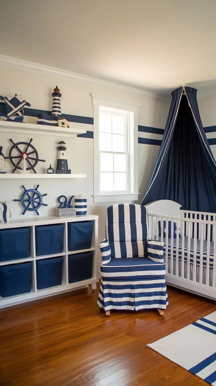 Set sail for sweet dreams in this nautical nursery. The crisp white crib, navy accents, and charming nautical details create a calm and inviting space for peaceful slumber. A perfect haven for little sailors.