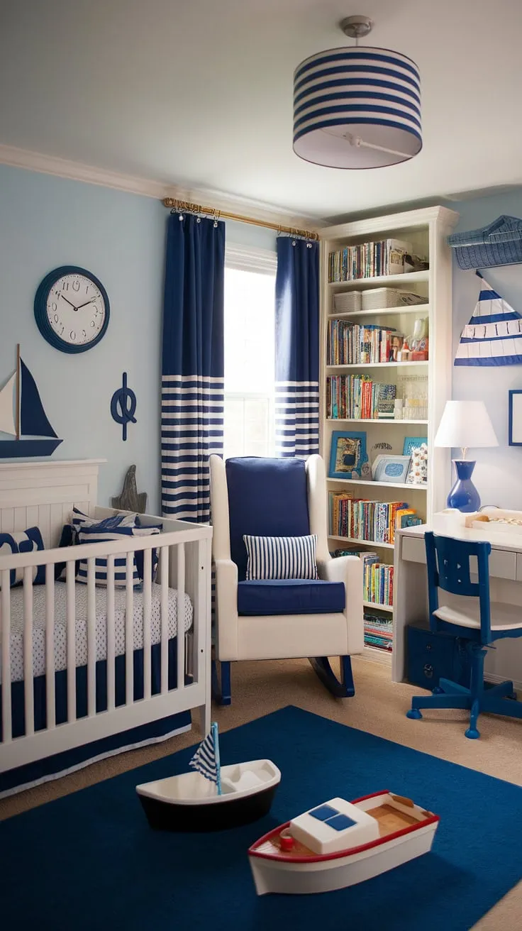 Ahoy, matey! This charming nautical nursery is ready for a new sailor. From the cozy rocking chair to the playful boat toys, every detail has been carefully chosen to create a space filled with wonder and comfort. A perfect place for little ones to explore their dreams.