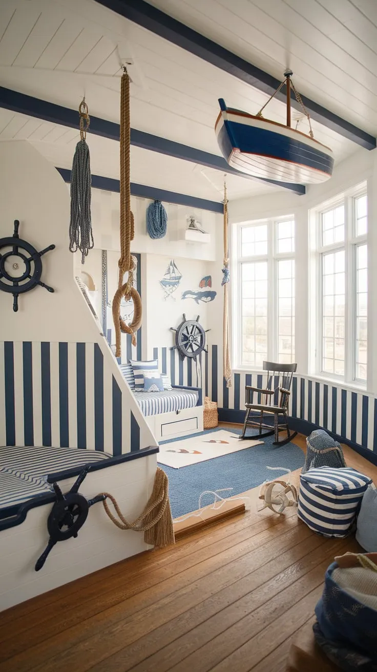 Set sail for sweet dreams in this nautical nursery. The crisp white walls, blue accents, and charming maritime details create a tranquil haven for little ones, complete with a wooden boat hanging overhead, a ship's wheel, and plenty of natural light. A perfect blend of classic style and playful adventure.