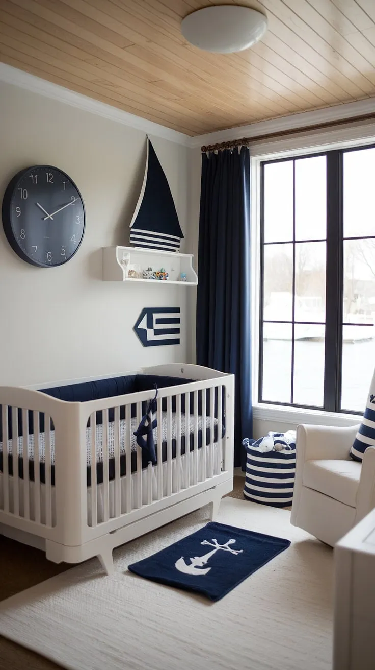 Set sail on sweet dreams in this charming nautical nursery. The classic white crib, navy blue details, and calming atmosphere create a space where little ones can drift off to sleep surrounded by the gentle rhythm of the waves. A perfect blend of style and comfort for a peaceful night's rest.