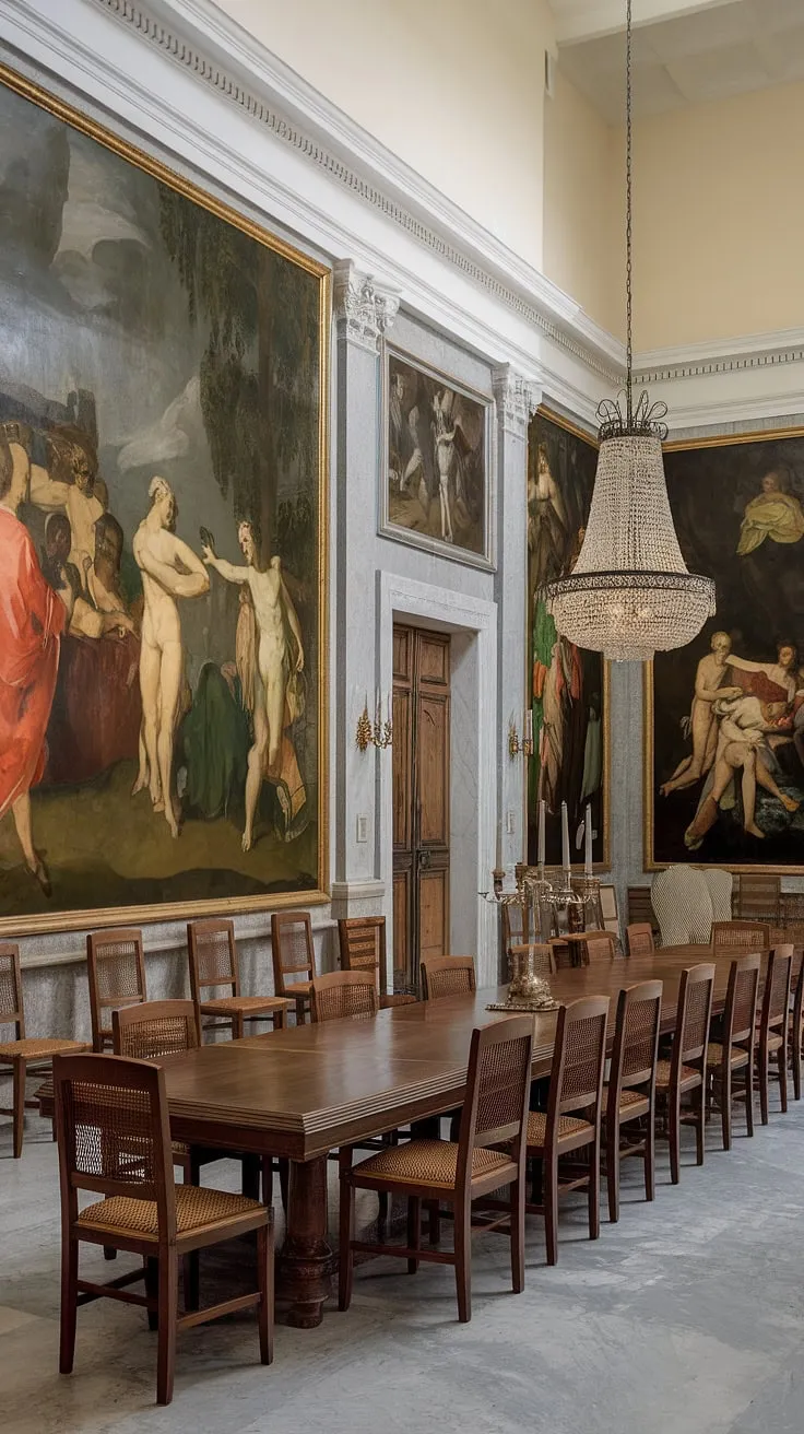 A timeless elegance reigns in this neoclassical dining room, where the gleam of the marble floor reflects the soft light of the chandelier, illuminating the rich wood of the table and the classical paintings adorning the walls. A symphony of history and refined taste, this space whispers tales of generations past. A perfect setting for cherished moments and unforgettable feasts.