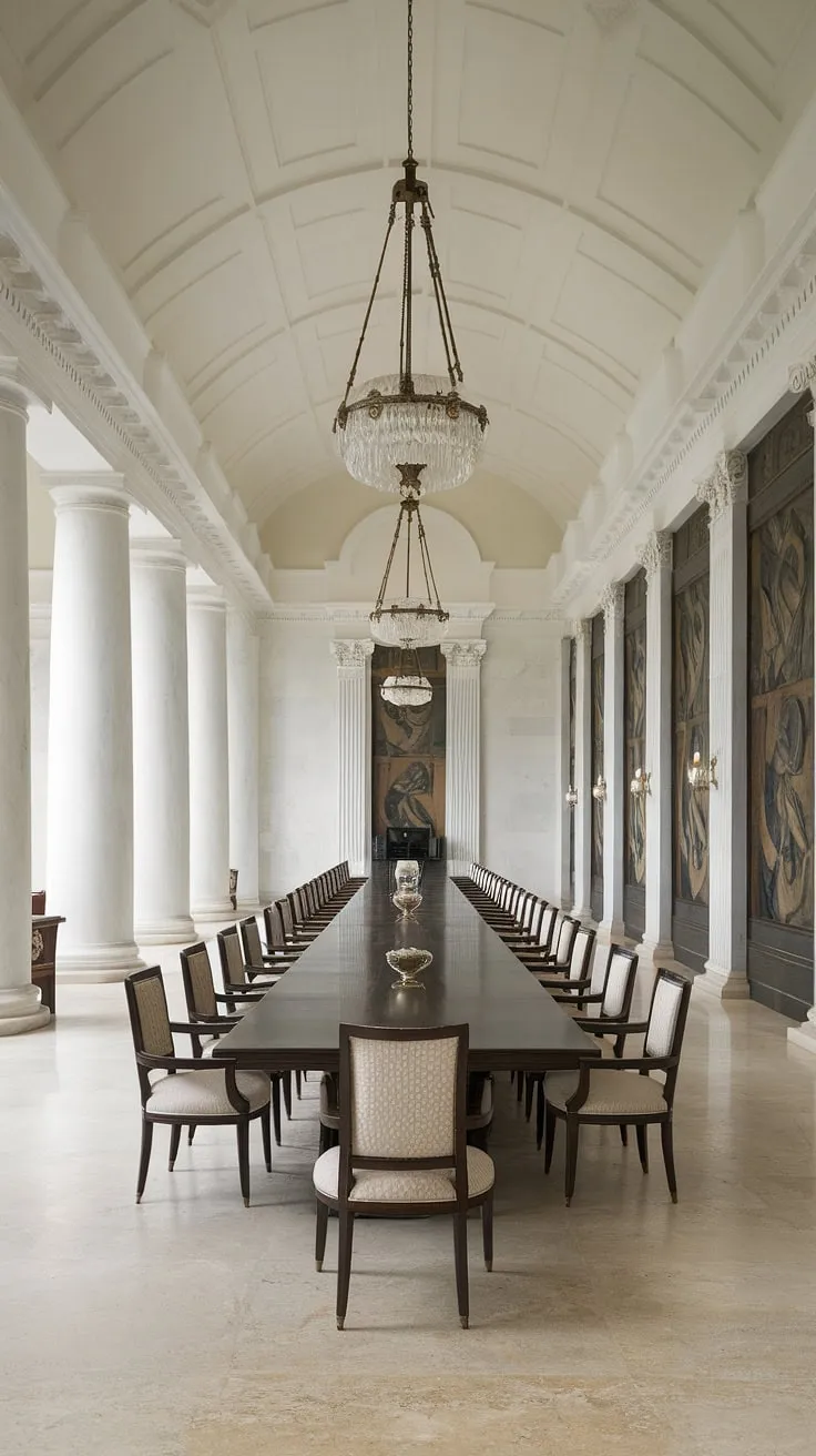 Elegance redefined. The grandeur of this neoclassical dining room, with its soaring ceilings, pristine white columns, and shimmering chandeliers, creates an atmosphere of timeless sophistication. A perfect setting for unforgettable gatherings. A testament to refined taste and meticulous design.