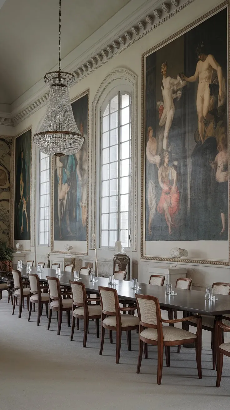 Bathed in sunlight streaming through grand windows, this neoclassical dining room exudes timeless elegance. The grandeur of the space, highlighted by classical artwork and a magnificent chandelier, sets the stage for unforgettable gatherings. A testament to refined taste and sophisticated living, it's a place where memories are made and cherished.