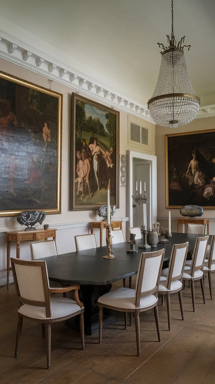 Step into timeless elegance. This neoclassical dining room, with its rich wood floors and exquisite artwork, whispers tales of grand gatherings and cherished memories. The grandeur of the space is perfectly complemented by the soft glow of the chandelier, creating an atmosphere of refined sophistication. A testament to enduring style and meticulous detail.