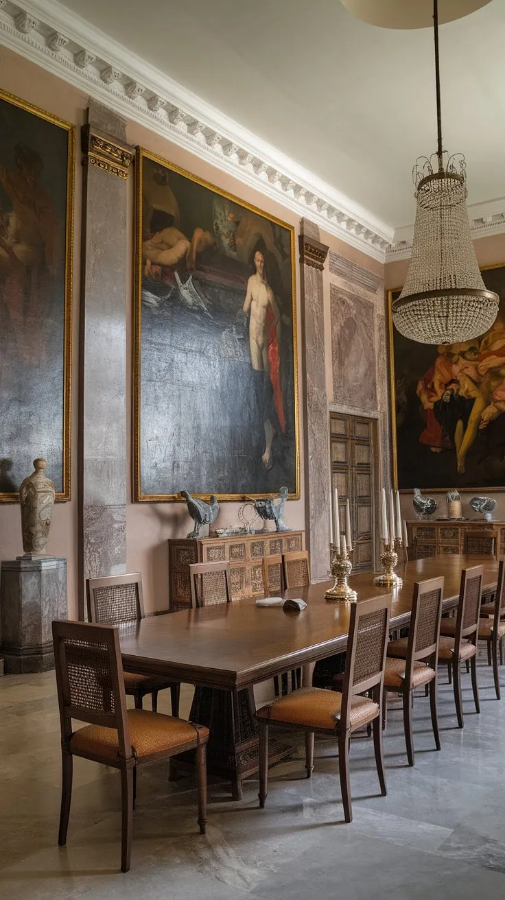 A symphony of light and shadow dances across the polished marble floor of this neoclassical dining room. The rich wood of the table and chairs, complemented by the dramatic artwork and shimmering chandelier, creates an atmosphere of unparalleled sophistication. A perfect blend of history and modern comfort, it's a space designed for both intimate dinners and grand celebrations.