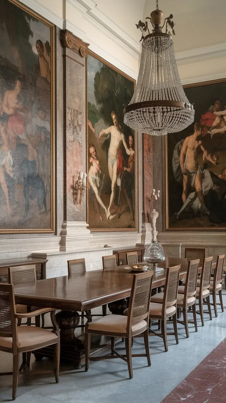 The grandeur of this neoclassical dining room is breathtaking. A magnificent chandelier casts a warm glow upon the long, polished table, surrounded by elegant chairs. The classical paintings on the walls, the high ceilings, and the cool marble floor all contribute to an atmosphere of timeless beauty and understated luxury. A truly unforgettable space.