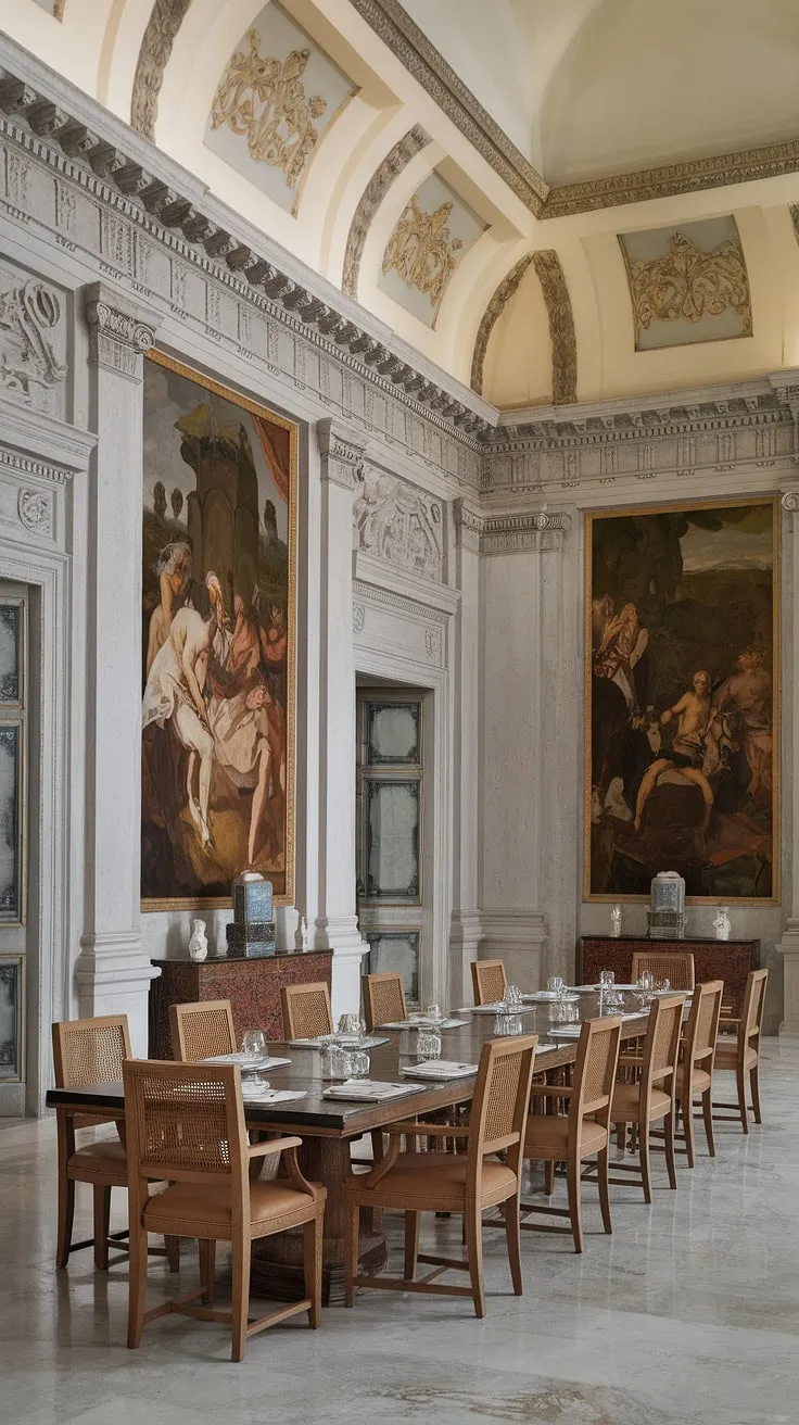 Timeless elegance reigns in this neoclassical dining room. The high ceilings, intricate moldings, and cool marble floor create an atmosphere of refined grandeur, perfect for hosting unforgettable gatherings. A testament to classic design, this space effortlessly blends history and contemporary comfort. A truly breathtaking setting for cherished moments.
