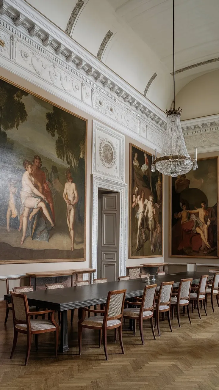 Step into timeless elegance. The grandeur of this neoclassical dining room, with its high ceilings, intricate moldings, and classical paintings, evokes a sense of refined history. A testament to enduring style and meticulous craftsmanship, it's a space where memories are made and cherished. A perfect setting for unforgettable gatherings.