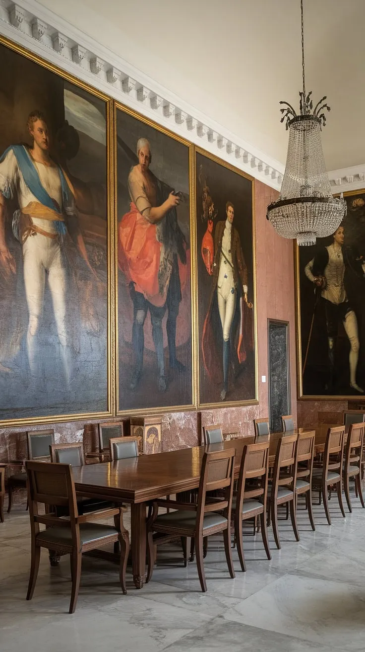 Step into a world of timeless elegance, where history whispers from the walls and the grandeur of a neoclassical dining room unfolds. The gleam of marble underfoot, the weight of the antique wooden table, and the watchful gaze of historical figures in grand portraits create an atmosphere of refined sophistication. A testament to enduring style and meticulous craftsmanship, this space is a sanctuary for unforgettable gatherings.
