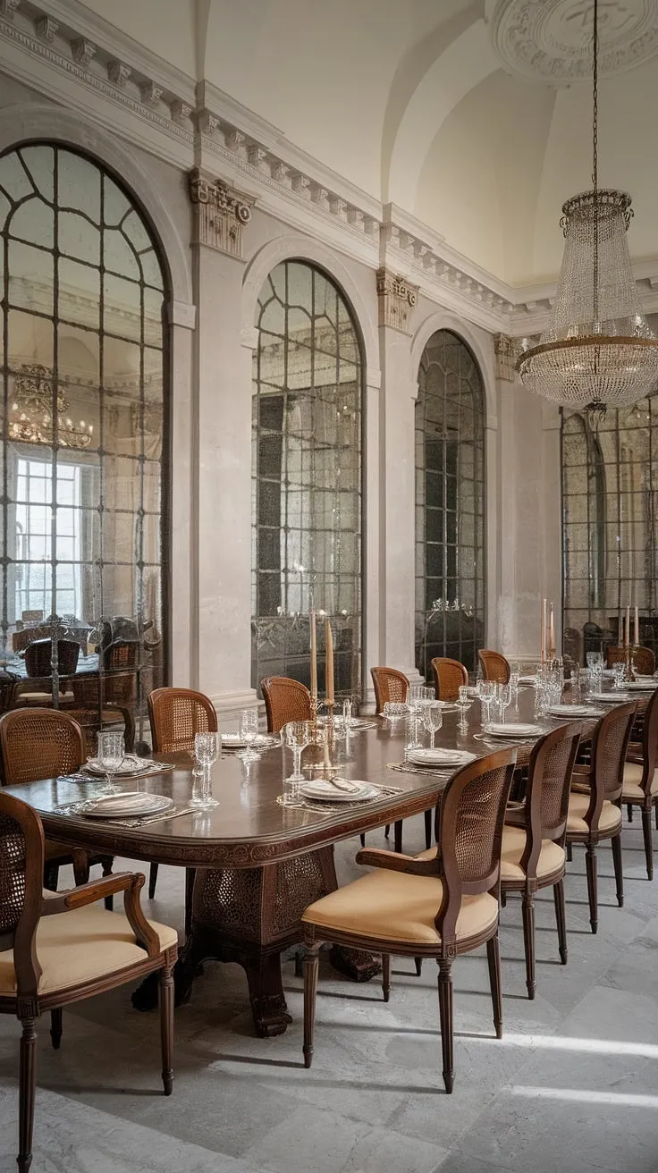 This neo-classical dining room is a breathtaking spectacle of grandeur. The high ceilings, ornate mirrors, and marble floors create a sense of spaciousness and luxury. A meticulously set table, complete with silverware and crystal, awaits a gathering of cherished friends and family, promising an evening of unparalleled elegance and refined conversation.