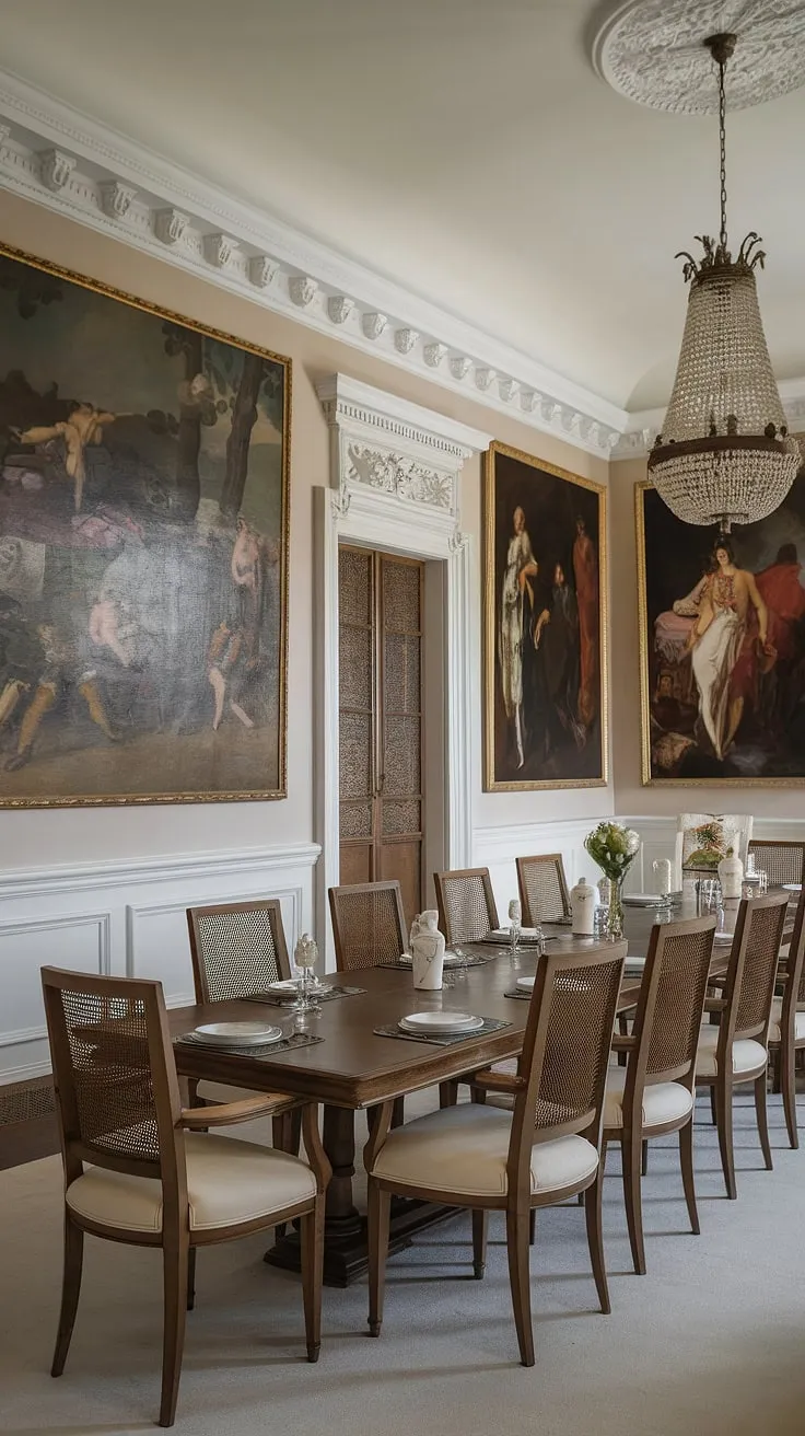 A timeless elegance pervades this neo-classical dining room, where sunlight dances across the polished wood of the long table and the rich hues of classical paintings adorn the walls, creating an atmosphere of refined sophistication. The grandeur of the space is subtly enhanced by the soft glow of the chandelier, a testament to enduring style.