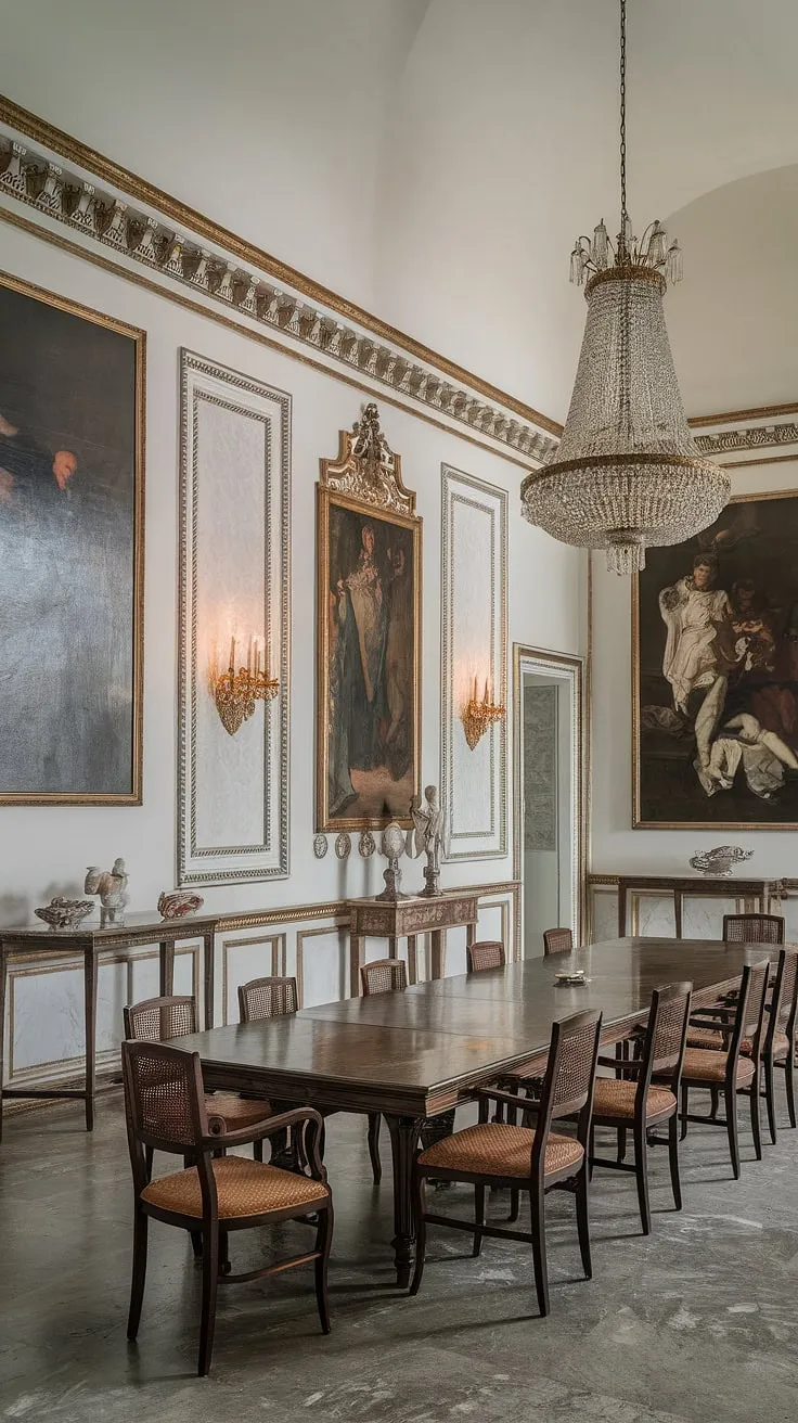 A breathtaking neoclassical dining room, bathed in the soft glow of a magnificent chandelier. The rich textures of the wooden table and chairs are complemented by the cool elegance of the marble floor. A collection of exquisite paintings and a grand mirror complete the scene, creating an atmosphere of refined luxury. A truly inspiring space.