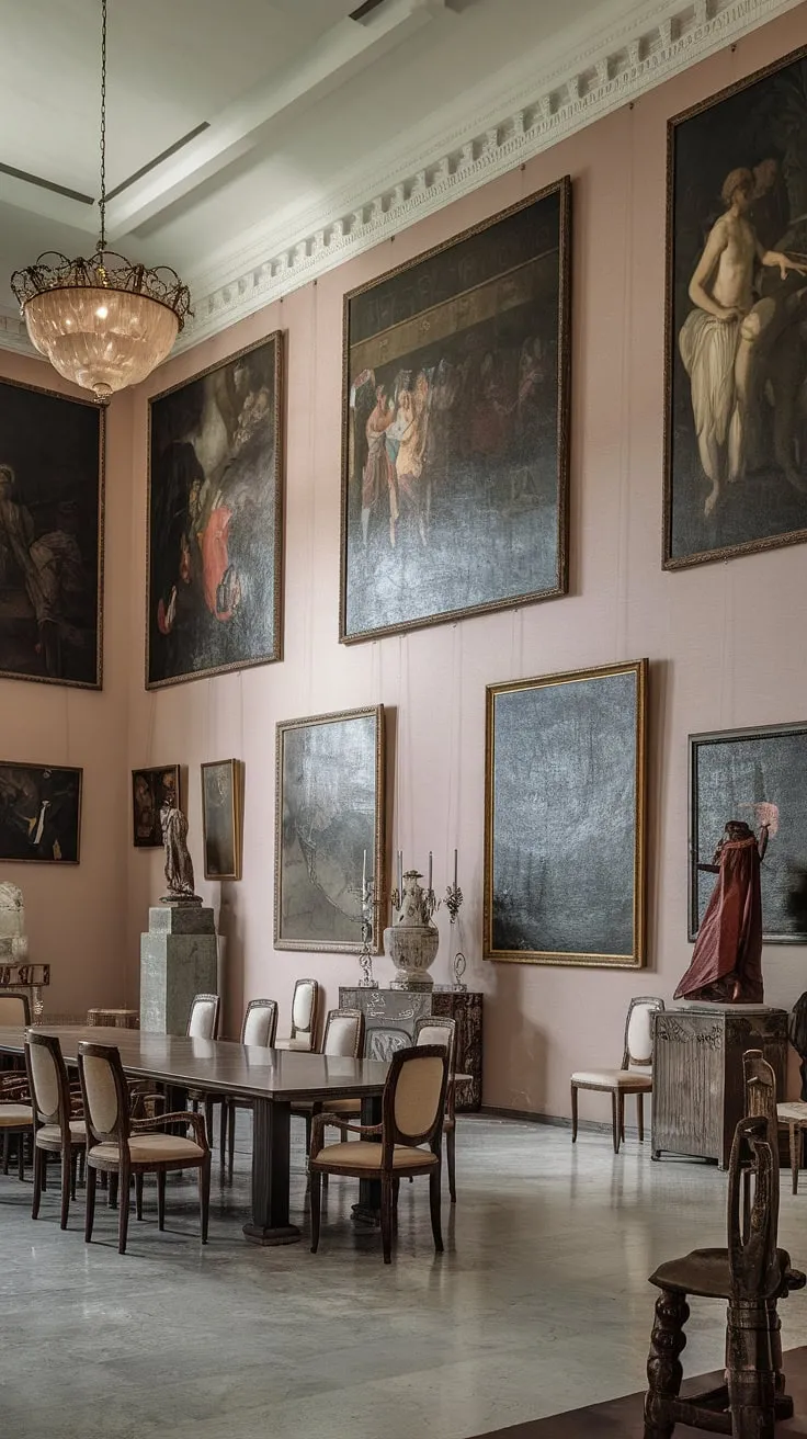 A symphony of light and shadow dances across the marble floor of this neoclassical dining room. The antique paintings, the majestic chandelier, and the imposing dining table all contribute to A truly breathtaking and unforgettable space.