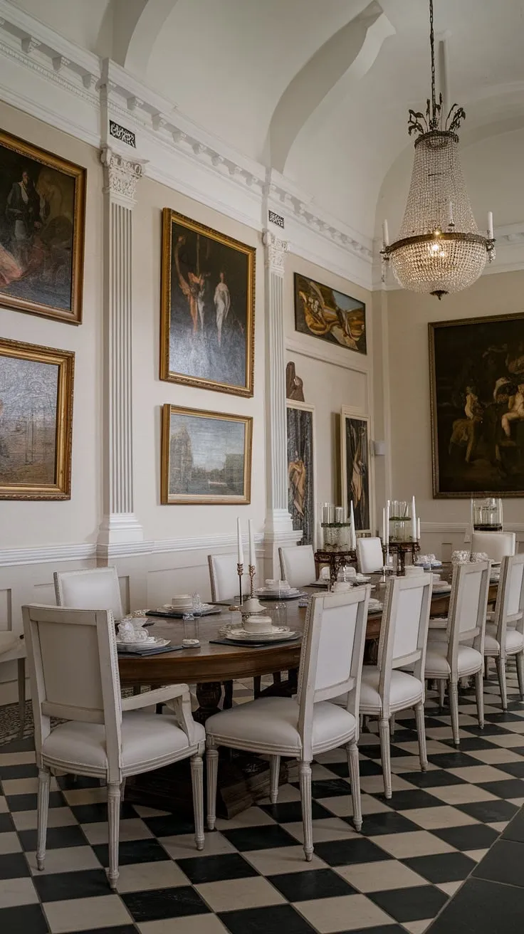 Elegance redefined. The grandeur of this neoclassical dining room, with its checkered floor and collection of framed artwork, sets the stage for unforgettable gatherings. A testament to timeless design and refined taste, it's a space where memories are made and cherished. A perfect blend of history and modern comfort.