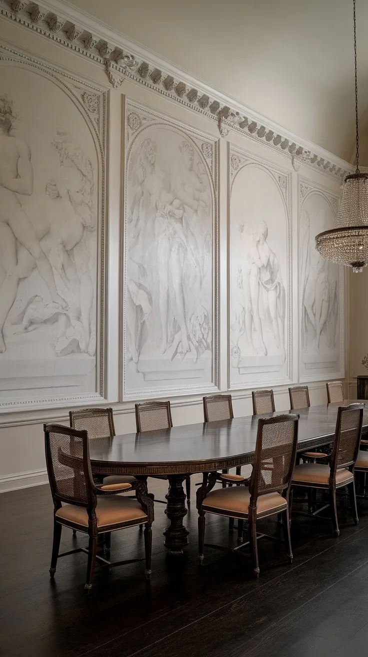 A symphony of light and shadow dances across this neoclassical dining room. The grandeur of the space is amplified by the large, white framed paintings, while the dark wood table and chairs anchor the room with a sense of warmth and history. A truly captivating scene.