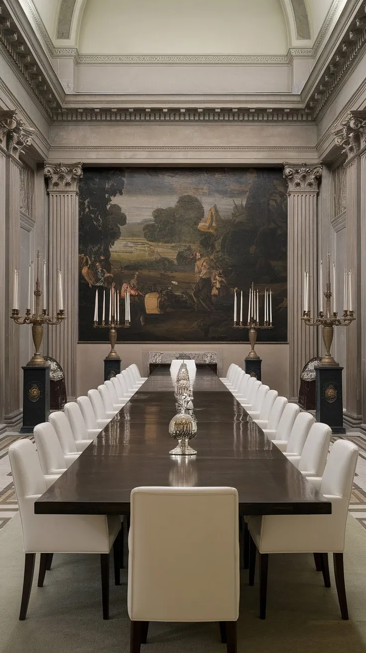 A symphony of light and shadow dances across this neoclassical dining room. The imposing painting above the long, dark table commands attention, while the delicate white chairs and ornate candelabras add a touch of refined grace. A space where history whispers and memories are made, this room embodies the timeless allure of classical design. A perfect blend of grandeur and intimacy.