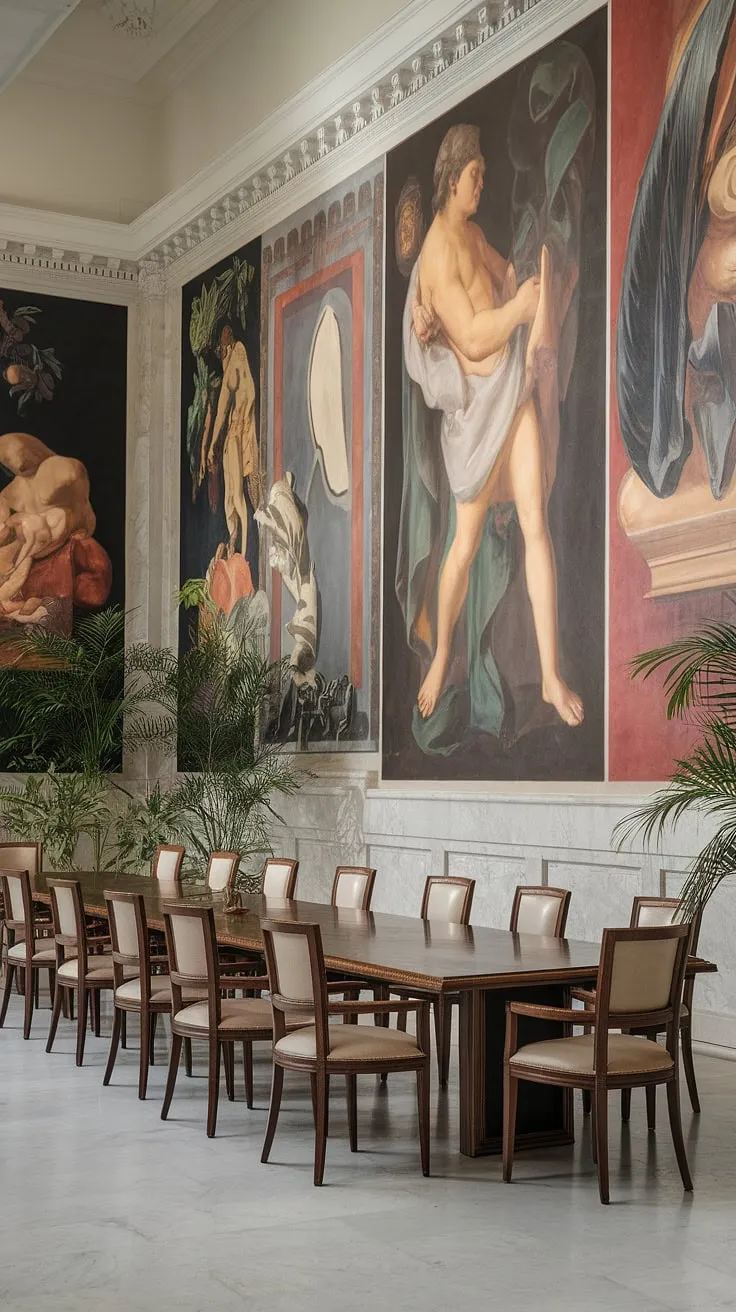 Elegance redefined. The high ceilings and gleaming marble floor of this neoclassical dining room, adorned with classical artwork and punctuated by the lush greenery of potted plants, create an atmosphere of timeless sophistication. A perfect setting for unforgettable gatherings. A testament to refined taste and enduring beauty. A space where history and hospitality intertwine.