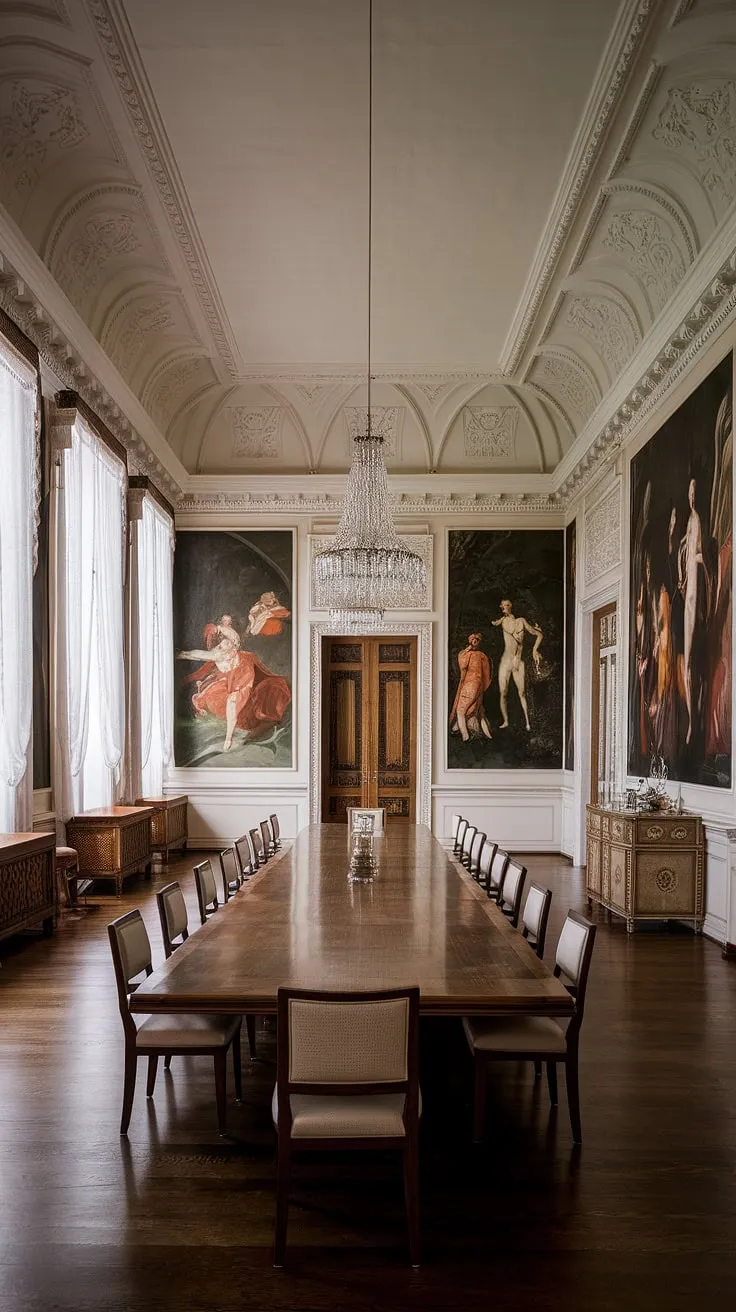 Timeless elegance reigns in this neoclassical dining room. The intricate plasterwork, grand chandelier, and classical paintings create an atmosphere of refined sophistication, perfectly complemented by the rich mahogany table and the soft glow filtering through the sheer curtains. A testament to enduring style and graceful living.
