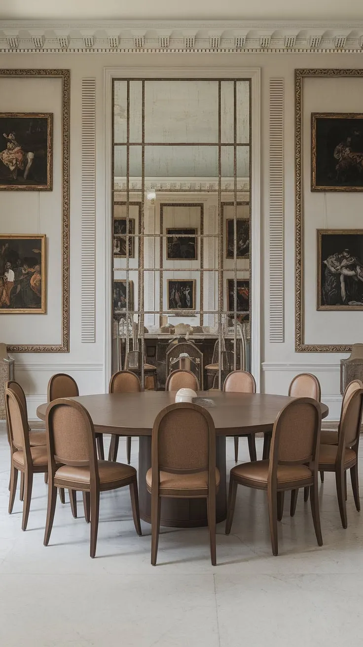A symphony of elegance unfolds in this neoclassical dining room. The rich mahogany table, surrounded by twelve exquisitely carved chairs, commands attention against the backdrop of gleaming white marble and classical artwork. A timeless setting for cherished moments and unforgettable feasts.