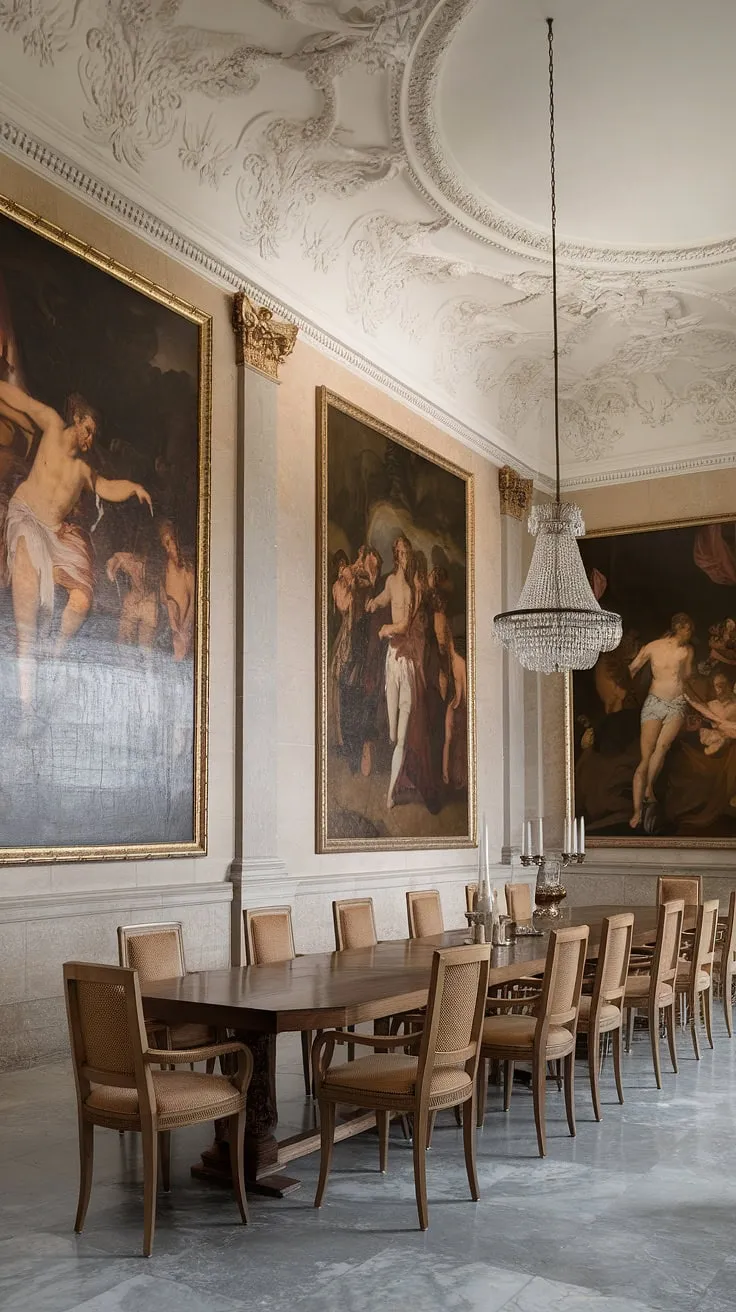 This neoclassical dining room is a masterpiece of design. The rich textures of the wooden table and chairs are perfectly complemented by the cool elegance of the marble floor and the warmth of the classical paintings adorning the walls. A truly breathtaking space.