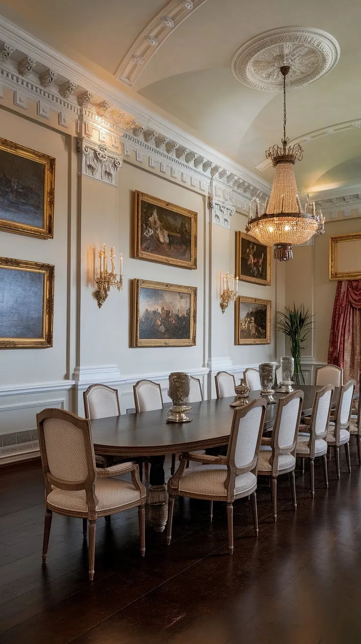 A timeless elegance reigns in this neoclassical dining room, where gilded frames and a majestic chandelier illuminate the scene, creating an atmosphere of refined grandeur. The rich dark wood floor and ornate details whisper tales of generations past, promising unforgettable gatherings around the long, inviting table.