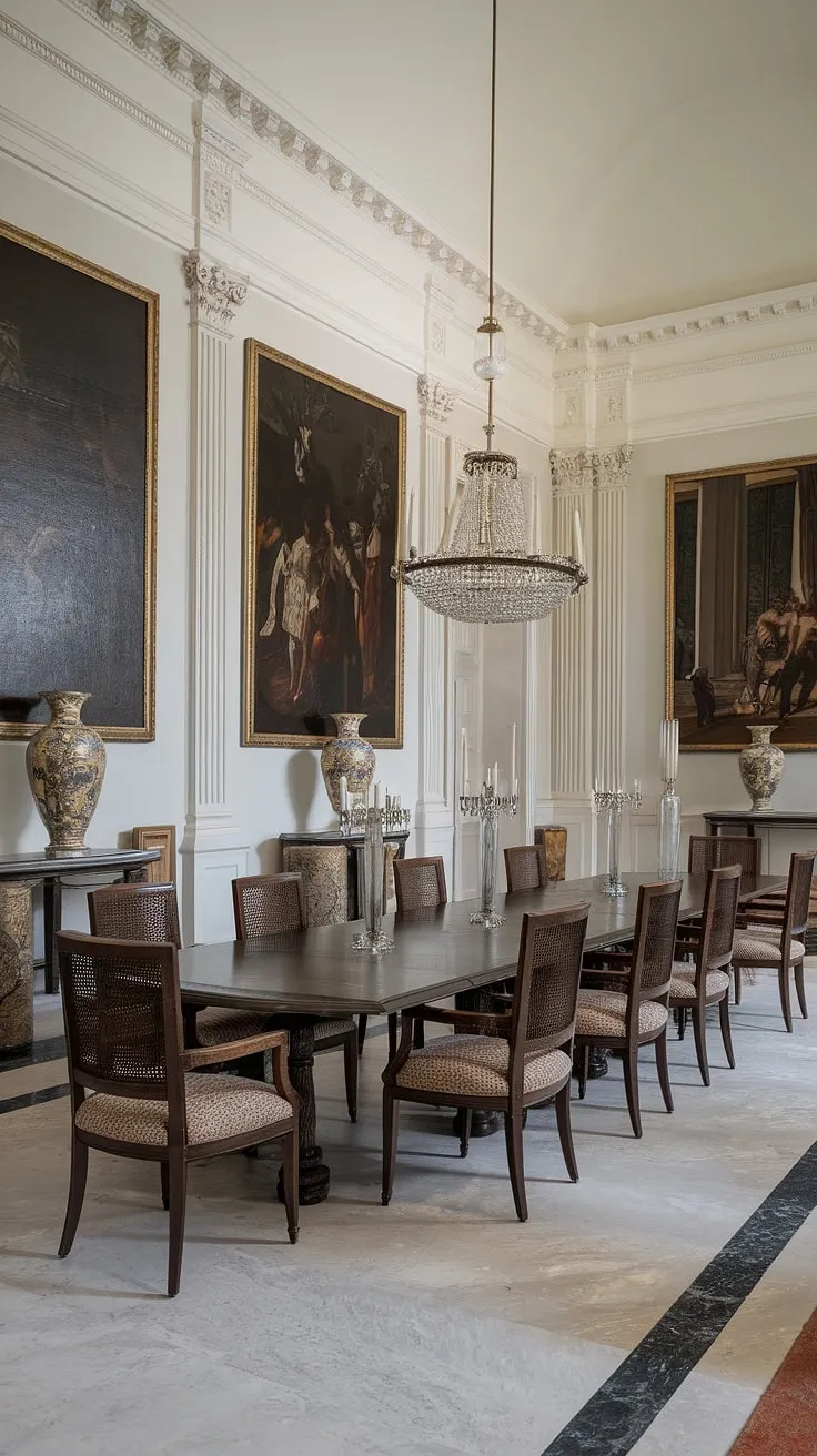 Timeless elegance reigns in this neoclassical dining room. The grandeur of the high ceilings, the subtle marble flooring, and the carefully curated artwork create an atmosphere of refined sophistication. A testament to classic design, this space is perfect for both intimate gatherings and grand celebrations. A symphony of light dances from the chandelier, illuminating the rich textures and details of the room, making it a truly unforgettable setting.