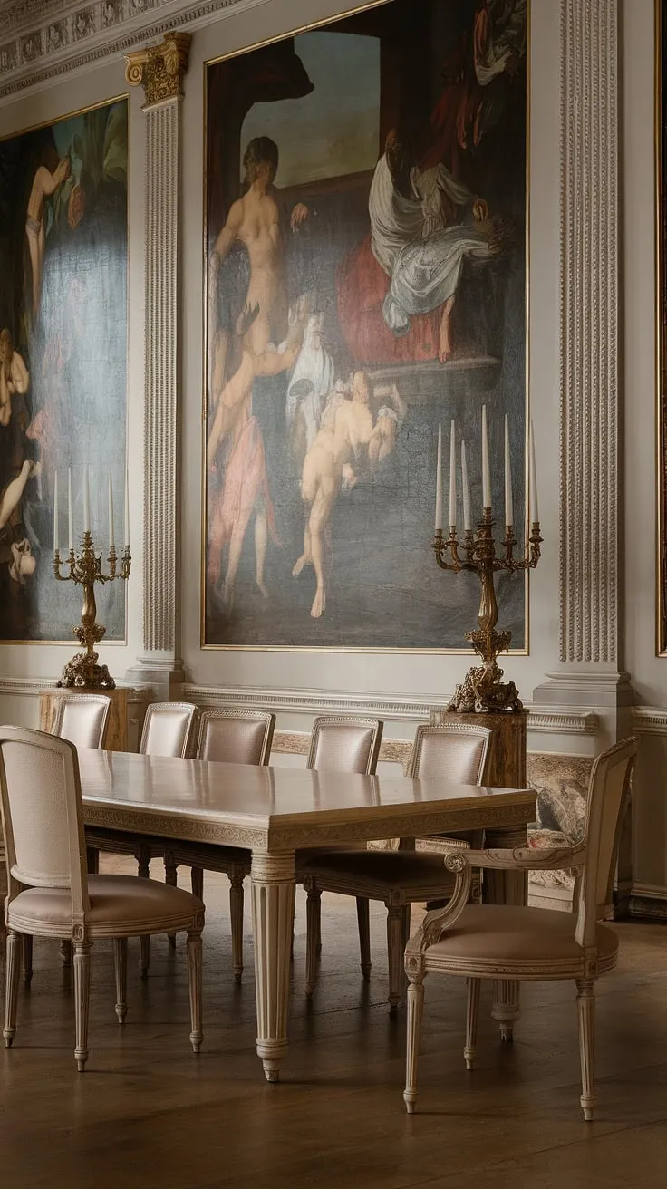 Gather 'round the long table in this breathtaking neoclassical dining room. A symphony of light dances from the tall candelabras, illuminating the classical paintings and reflecting off the polished wood floors. A setting where memories are made and stories unfold. A scene of unparalleled beauty.