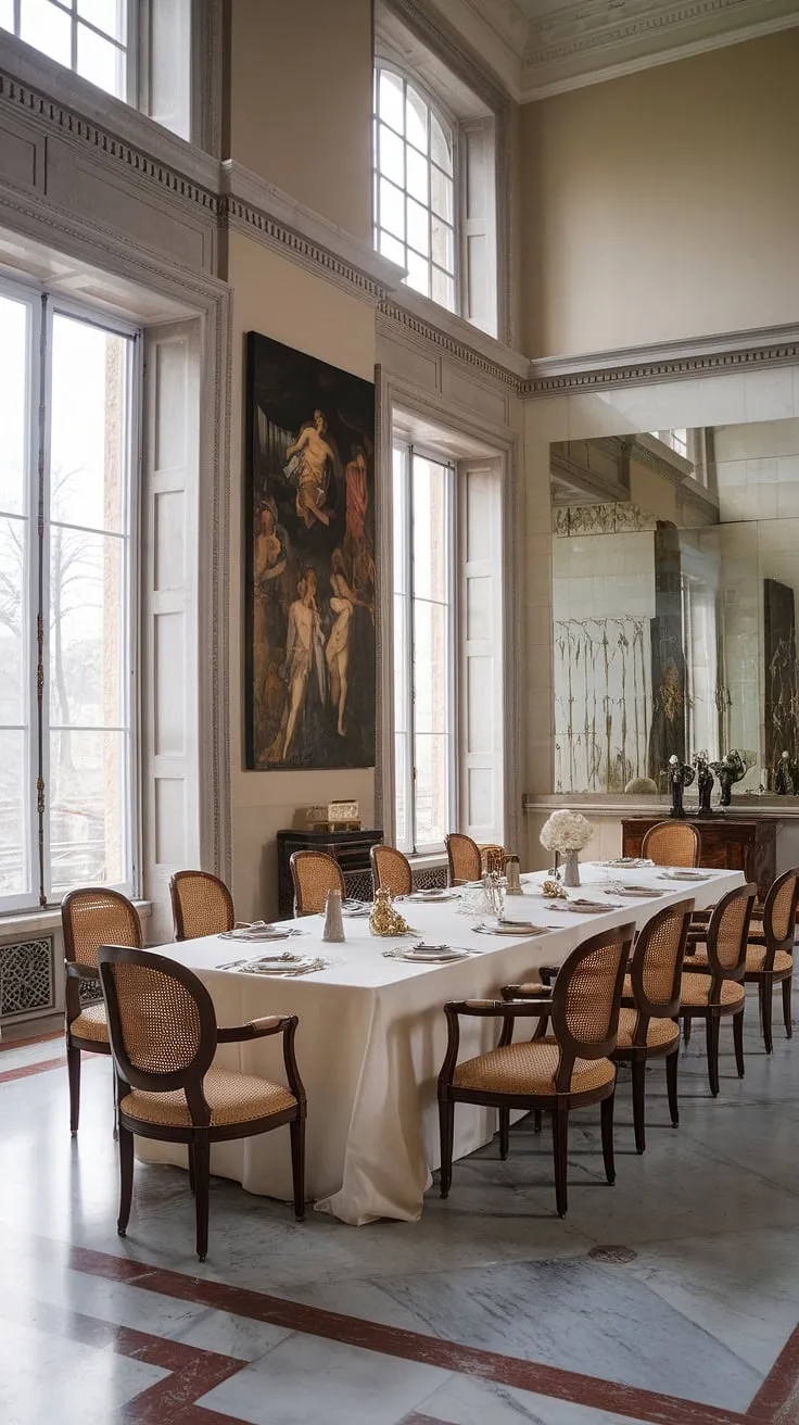 A timeless elegance unfolds in this neoclassical dining room. The grandeur of the high ceilings, the intricate marble flooring, and the carefully curated details-from the classical paintings to the meticulously set table-create an atmosphere of refined sophistication. A perfect setting for unforgettable gatherings.