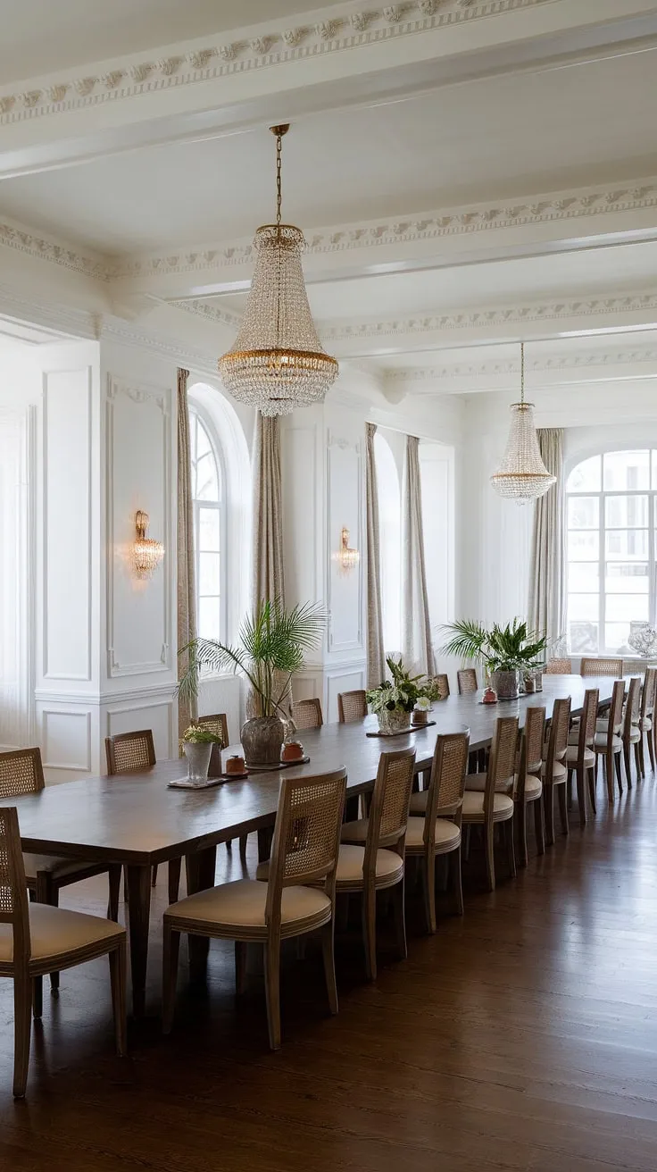 This neoclassical dining room, with its gleaming wooden floors and stately chandeliers, exudes an air of sophisticated charm. The carefully curated details, from the decorative molding to the potted plants on the long dining table, create a space that is both grand and inviting. A truly inspiring setting for cherished moments.
