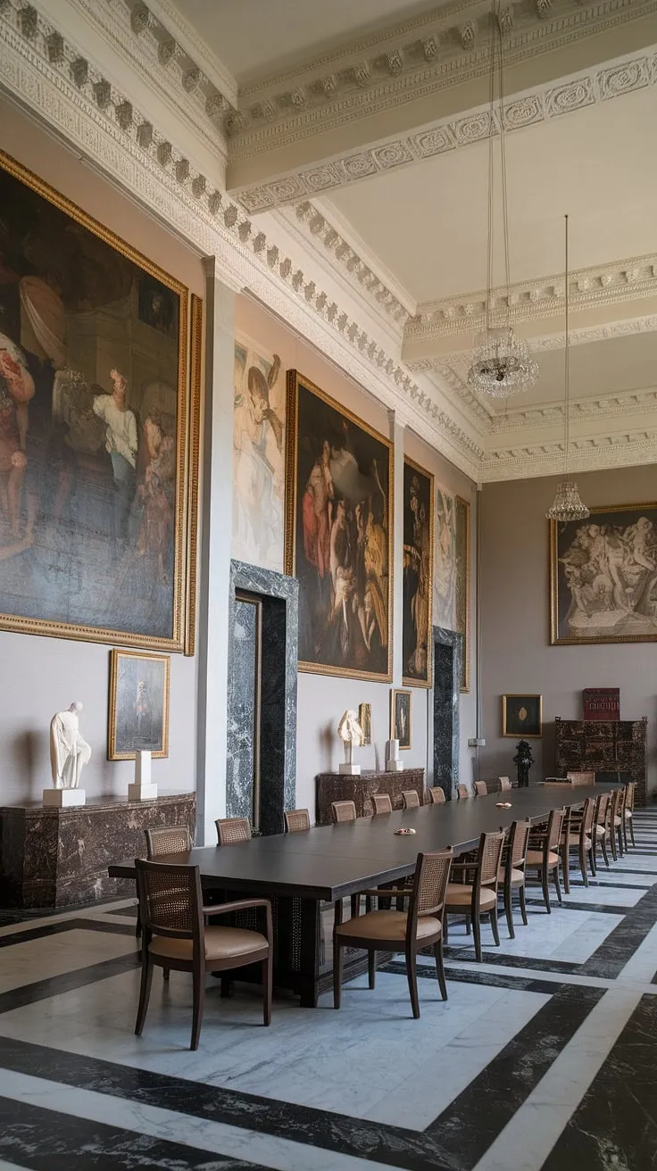 Step into a world of timeless elegance. The grandeur of this neoclassical dining room, with its soaring ceilings, intricate moldings, and a collection of captivating paintings, is truly breathtaking. A testament to refined taste and meticulous detail, it's a space where memories are made and stories unfold. A perfect setting for unforgettable gatherings.