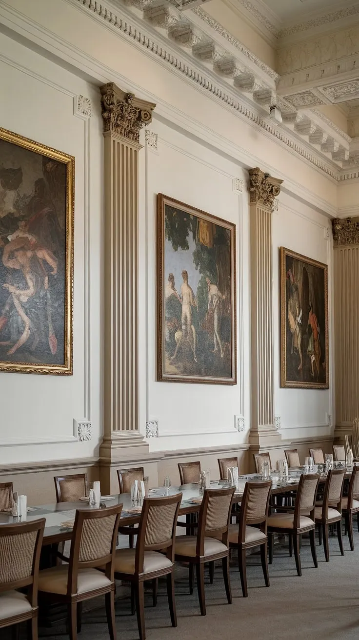 A timeless elegance reigns in this neoclassical dining room, where history whispers from the classical paintings and the grandeur of the high ceiling with its intricate detailing. The soft light dances on the long table, setting the stage for unforgettable gatherings. A perfect blend of architectural majesty and refined taste.