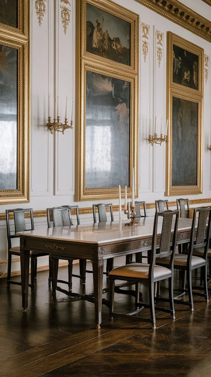 The polished dark wood floor reflects the light from the ornate gold frames adorning the walls of this majestic dining room. Ten elegant chairs surround the imposing marble-topped table, ready to host a memorable gathering. A feeling of refined luxury and sophisticated simplicity hangs in the air, a testament to classic design and enduring beauty.