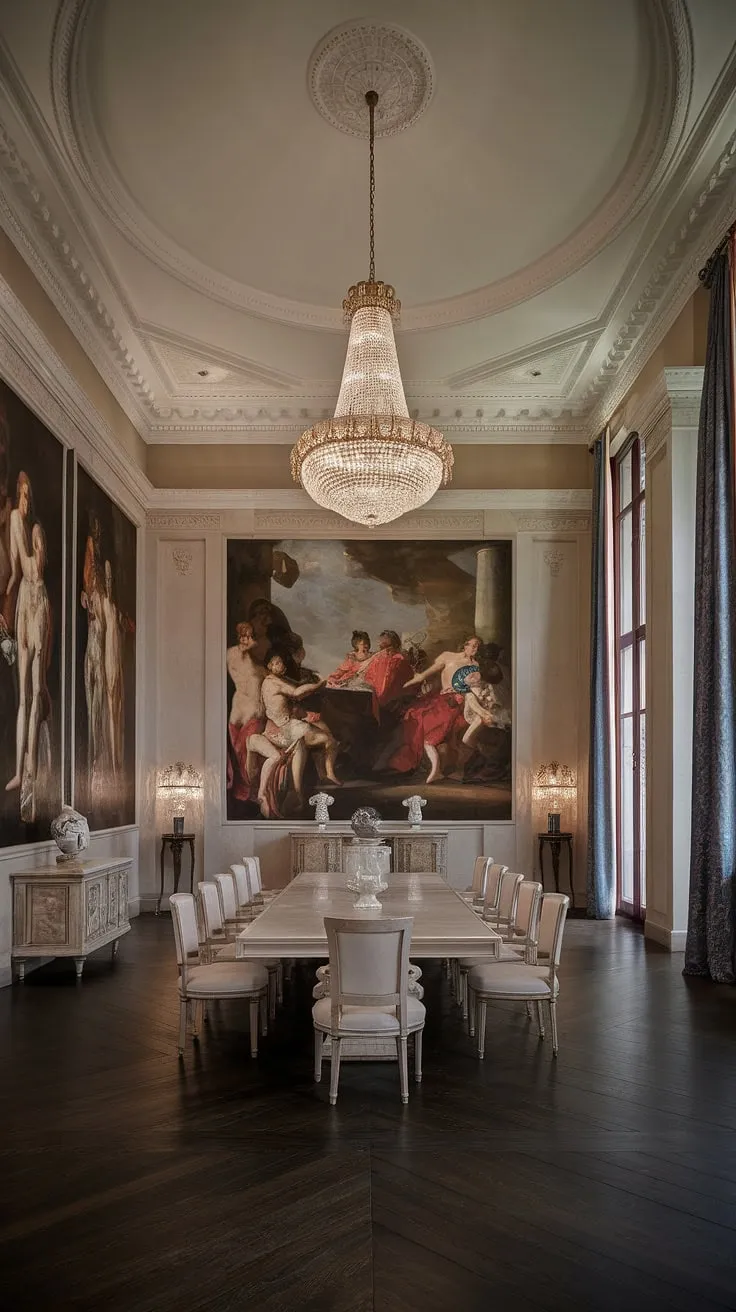 Timeless elegance reigns in this neoclassical dining room. The grandeur of the high ceilings, the shimmering chandelier, and the classical paintings create an atmosphere of refined luxury, a testament to enduring style and sophisticated living. A perfect setting for unforgettable gatherings.