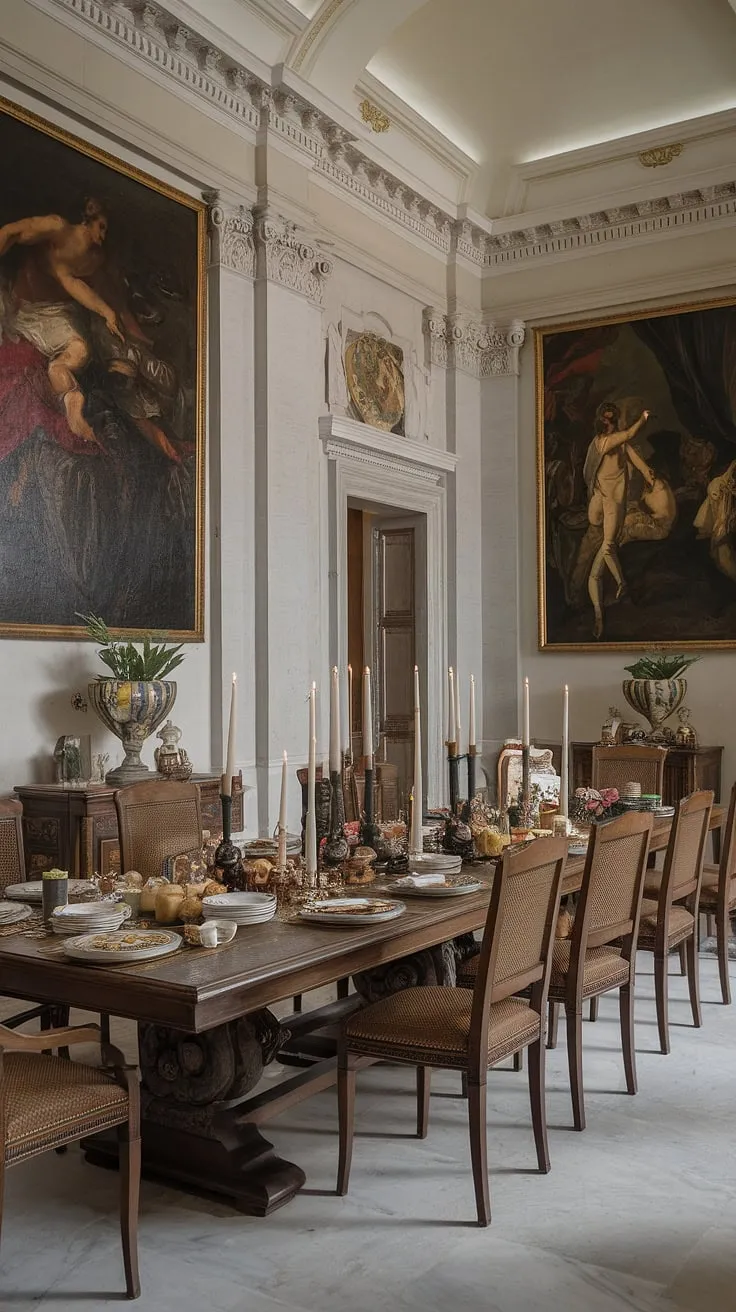 A symphony of light and shadow dances across the polished marble floor, illuminating the meticulously set table. The air hums with the promise of conversation and laughter, a timeless elegance woven into the very fabric of this neoclassical dining room. A feast for the senses awaits.