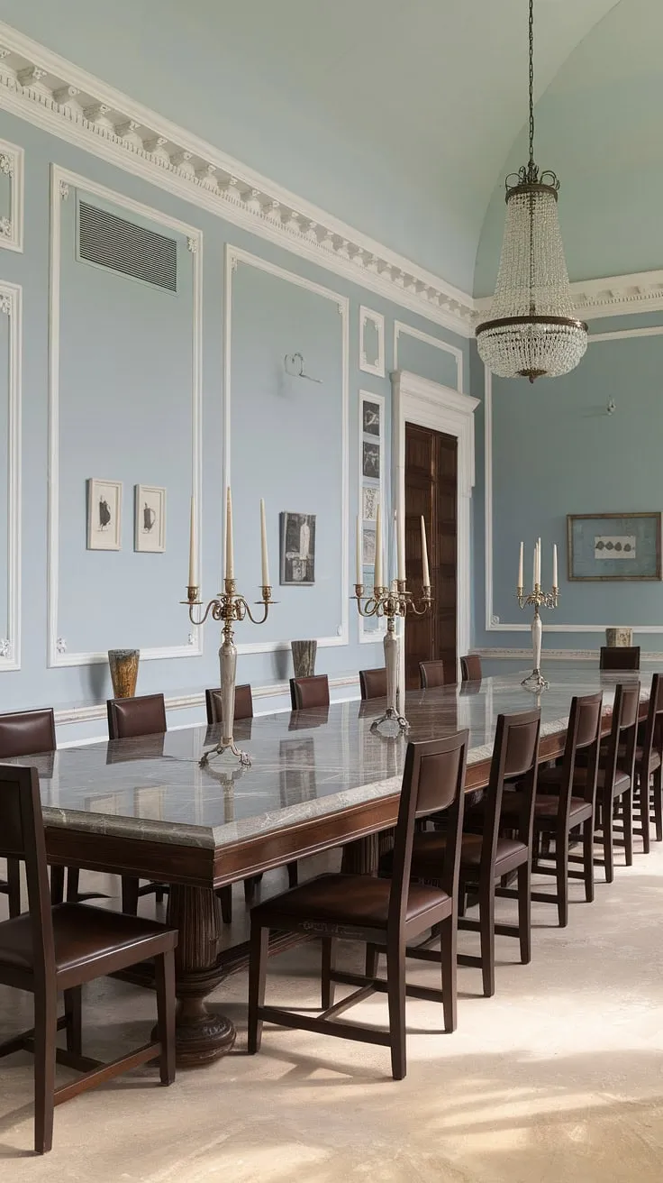 A symphony of light and shadow dances across the marble surfaces and polished wood of this breathtaking neoclassical dining room. The grandeur of the space is undeniable, a testament to the artistry of bygone eras. A truly captivating scene, perfect for celebrating life's most cherished moments.