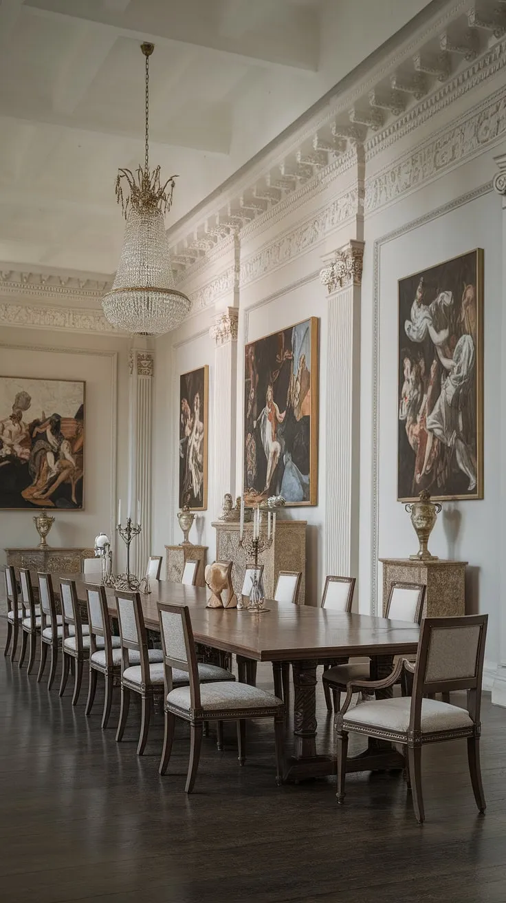 A timeless elegance reigns in this neoclassical dining room. The rich mahogany table, gleaming under the chandelier's soft glow, invites conversation and cherished moments. Classical artwork and ornate moldings complete the scene, creating an atmosphere of refined sophistication. A perfect setting for unforgettable gatherings.