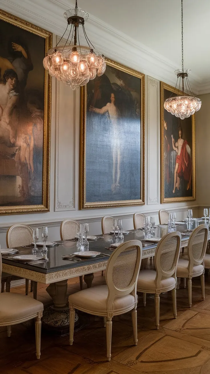 This neoclassical dining room is a breathtaking example of refined living. The carefully arranged silverware and pristine white plates on the long table anticipate a gathering of esteemed guests. A magnificent chandelier casts a warm glow, illuminating the classical artwork and the intricate details of the room's design. A space where history and hospitality intertwine.