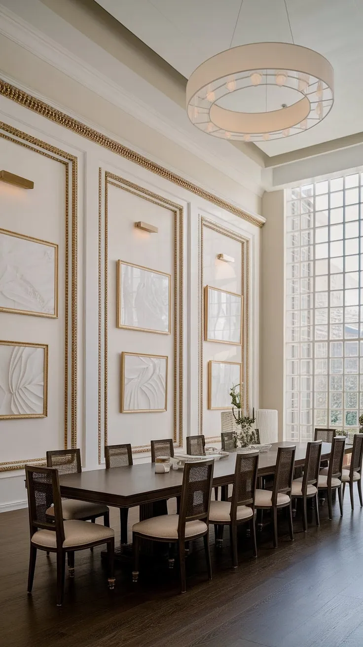 Sunlight streams through the grand window, illuminating the elegant neoclassical dining room. A symphony of light dances off the polished dark wood table and chairs, reflecting the glow of the circular chandelier above. The carefully curated collection of art pieces in ornate white and gold frames completes the scene, a testament to refined taste and timeless beauty. A truly captivating space.
